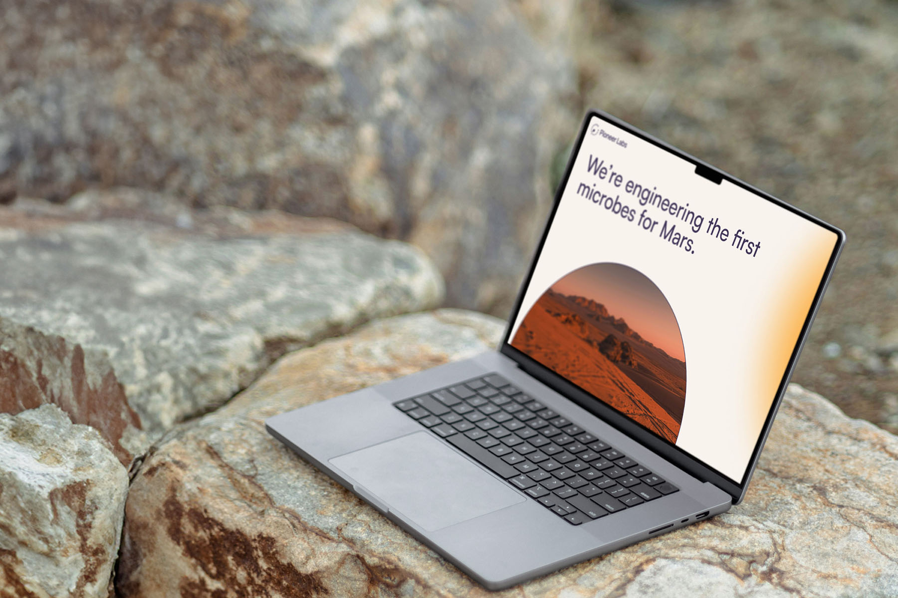 Laptop resting on a large rock with its screen showing Pioneer Labs' website